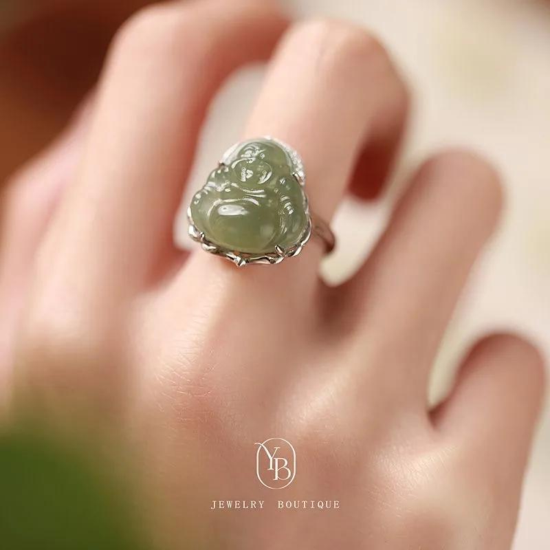 

Кольцо Будды из нефрита Хэтянь, натуральный камень, винтажный светильник, роскошная однотонная резьба, регулируемый ремешок, ювелирное изделие в стиле дзен, подарок для ее подвески-хранителя