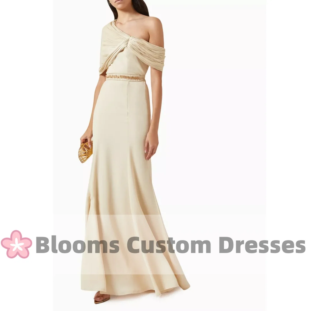 

Blooms Gorgeous Beaded Evening Dress Crepe Formal Party Gown Draped One-shoulder Prom Dress For Wedding robes invitée mariage