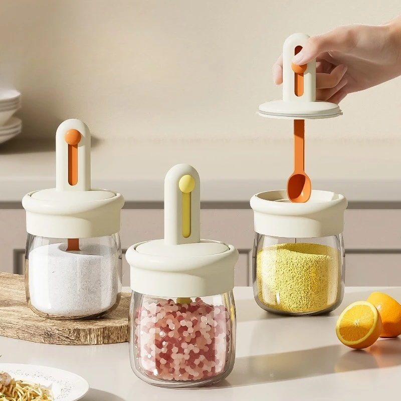 Glass Retractable Seasoning Jar, Spoon Lid Integrated Seasoning Box, Home Kitchen Seasoning Distribution Bottle, Sealed Salt Jar