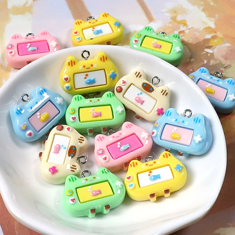 10pcs Cartoon Game Console Resin Charms Bulk Cat Eat Fish Game Pendant Accessory DIY For Earring Jewelry Make