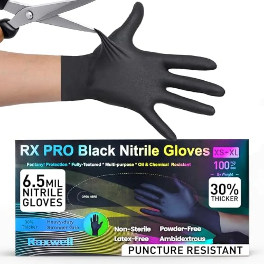 

Raxwell Disposable Nitrile Gloves - Food Grade Heavy-Duty Puncture Resistant Black Gloves for Cooking and Food Service