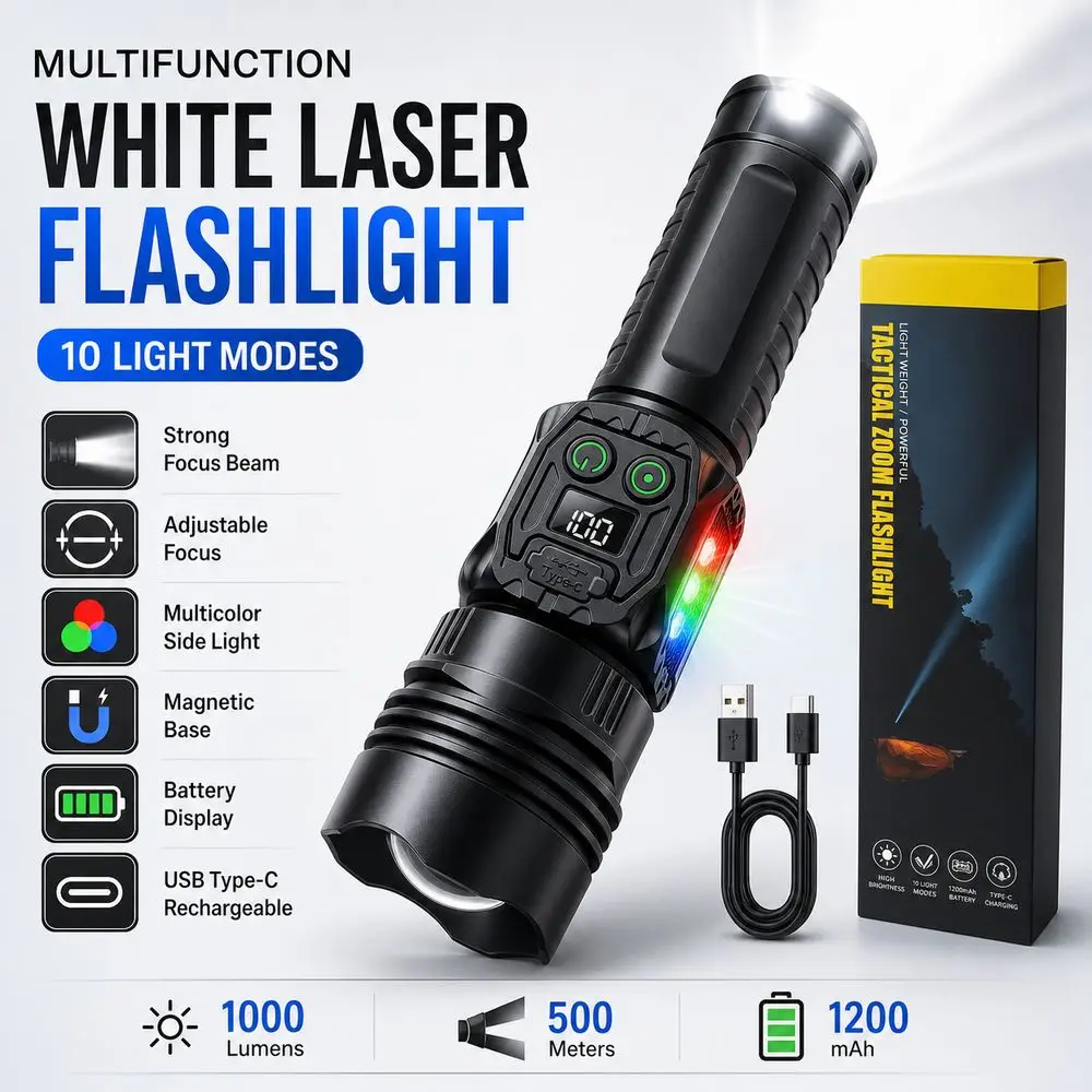Adjustable Focus White Laser Flashlight Magnetic Base Multicolor Side Light Rechargeable Flashlight USB Type C Charging