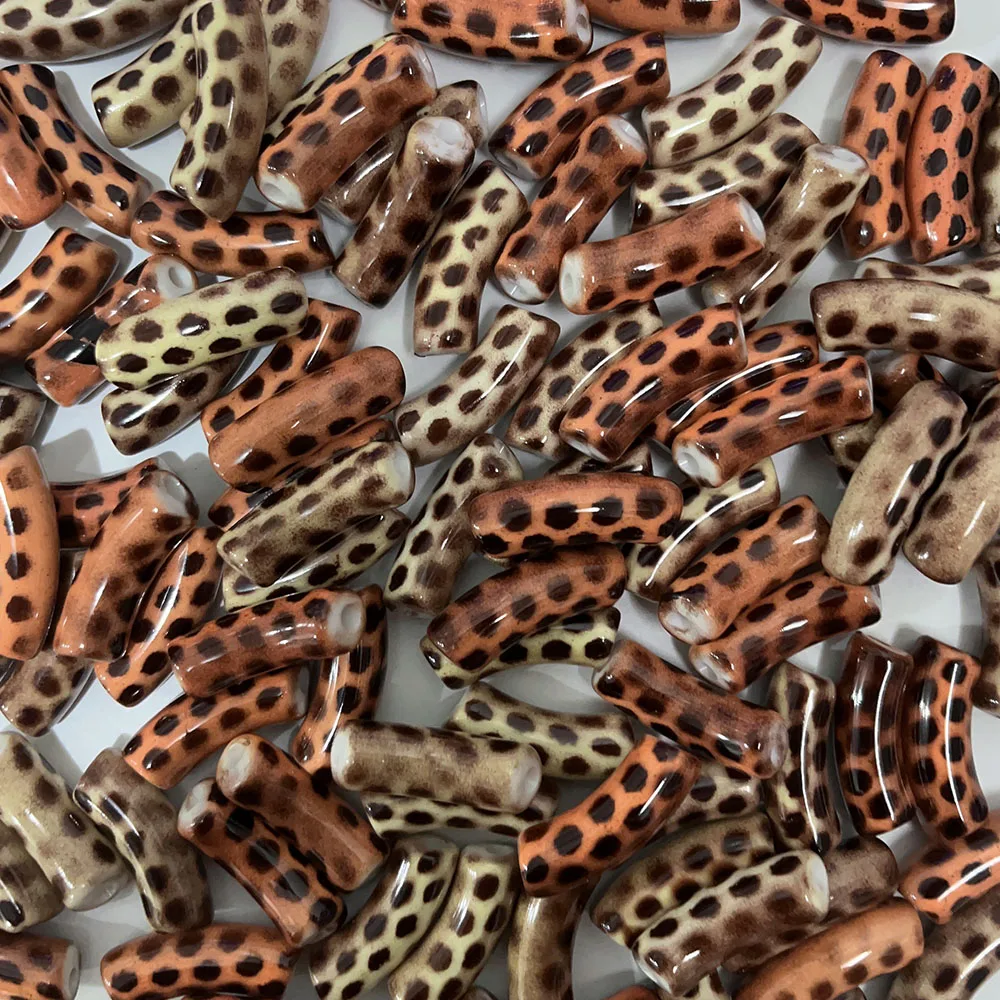 10Pcs 35x12mm Acrylic Curved Tube Loose Beads Leopard Print Pattern Spacer Beaded Craft Supplies For Jewelry Making DIY Bracelet