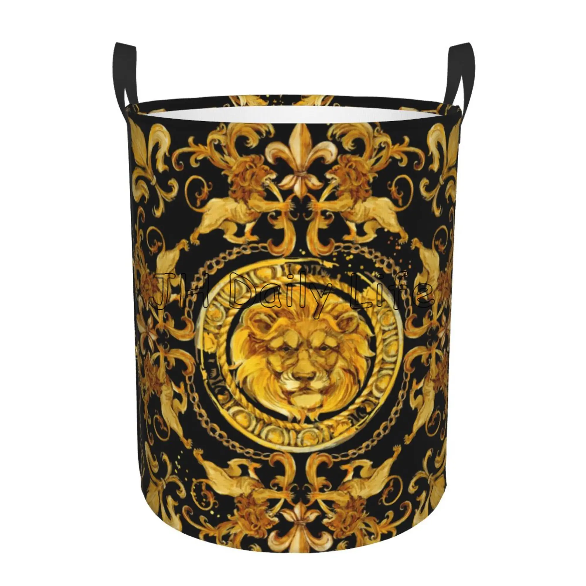 Golden Lion Baroque Pattern Laundry Basket Foldable Clothes Hamper for Nursery Kids Toys Storage Bin Large Circular Hamper