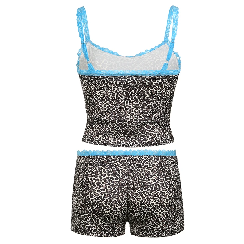 Cuteandpsycho Y2K Sexy Women\'s Two Pieces of Sets Leopard Print Camisole and Slim Shorts Clothing Summer Lace Patchwork Outfits