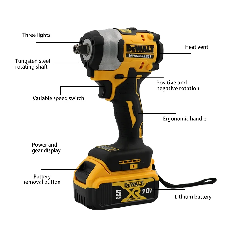 Dewalt DCF922 Rechargeable 20V  Impact Wrench High Torque 205Nm 2500 PRM  LED Lighting Stepless Speed Control  Electric Tools