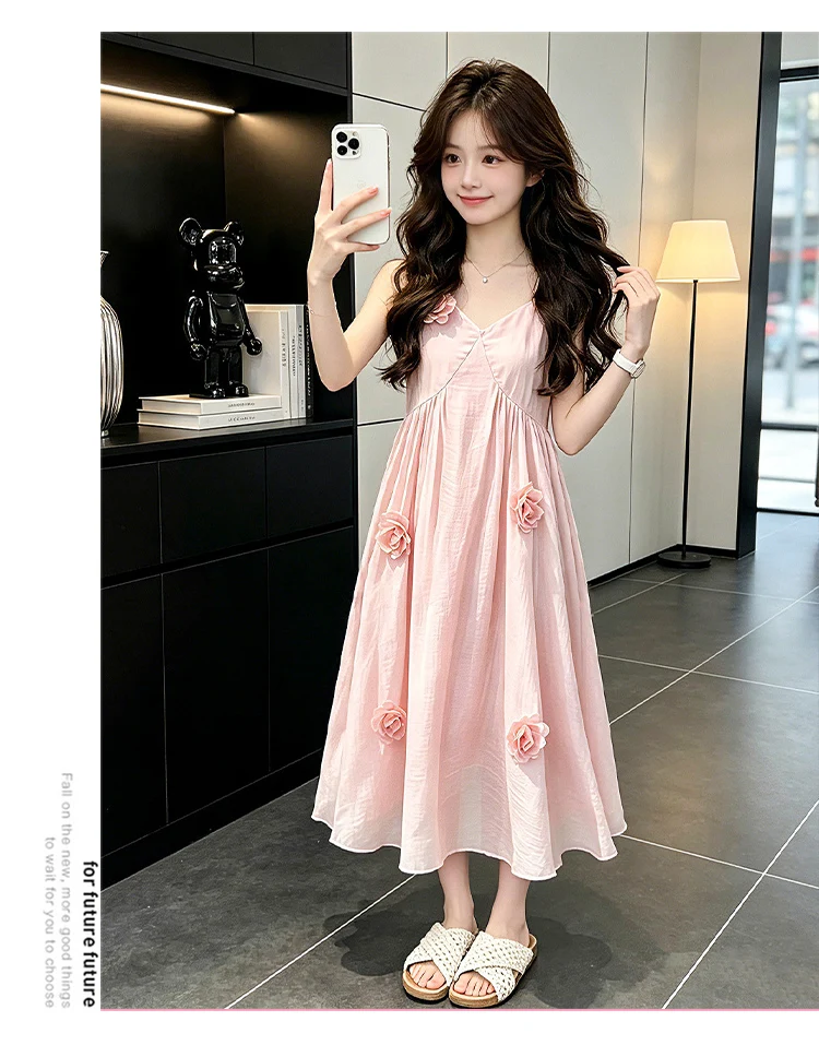 Elegante ärmellose Spaghettiträger-Kleider für Mädchen, Sommer-Urlaubskleidung, Strandkleid, Kinder-Blumen-Slip-Kleid, Schlafanzug – Detail 5