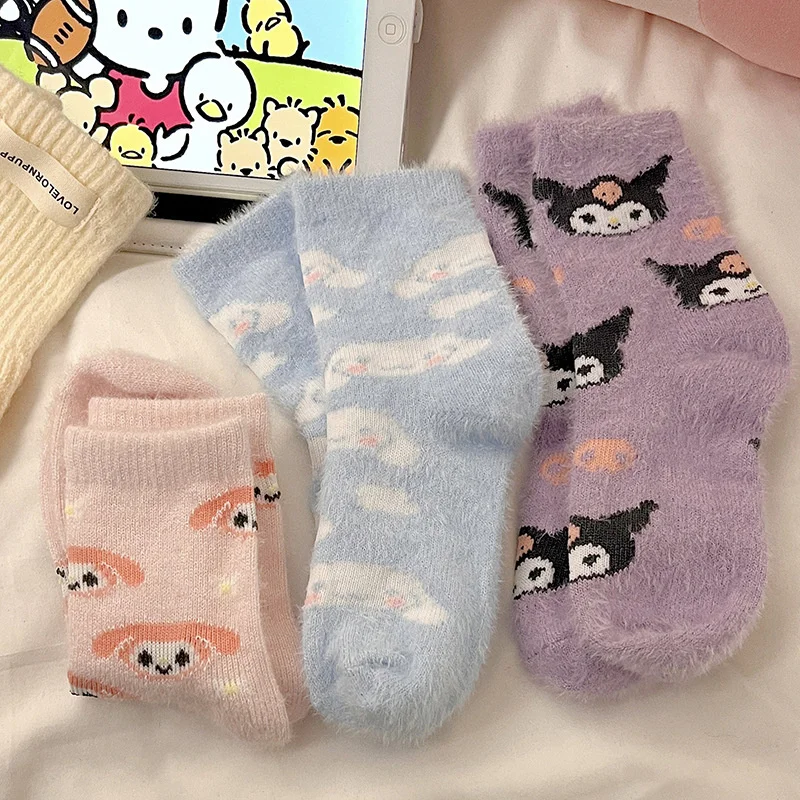 New Kuromi Cinnamoroll Melody Socks Kawaii Sanrio Plush Sock Floor Socks Sleeping Socks Warm Christmas Girl Birthday Gift