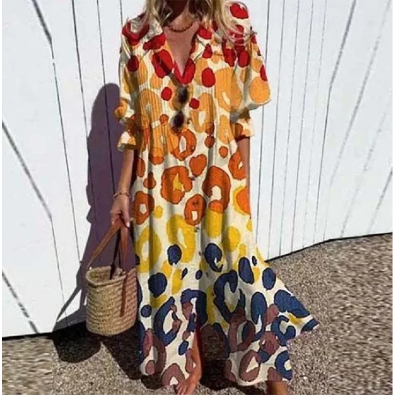 2024 Retro Pattern Printed Loose Vacation Dress New Women\'s V-neck Single Breasted Shirt Dress Casual Loose Bohemian Long Dress