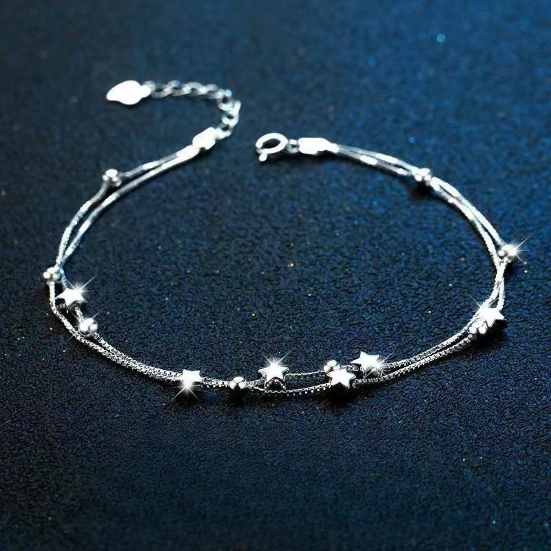 925 Sterling Silver Bead Chain Bracelets For Women Korean Sweet Double Layer Beautiful Stars Bracelets Original Jewelry Gifts