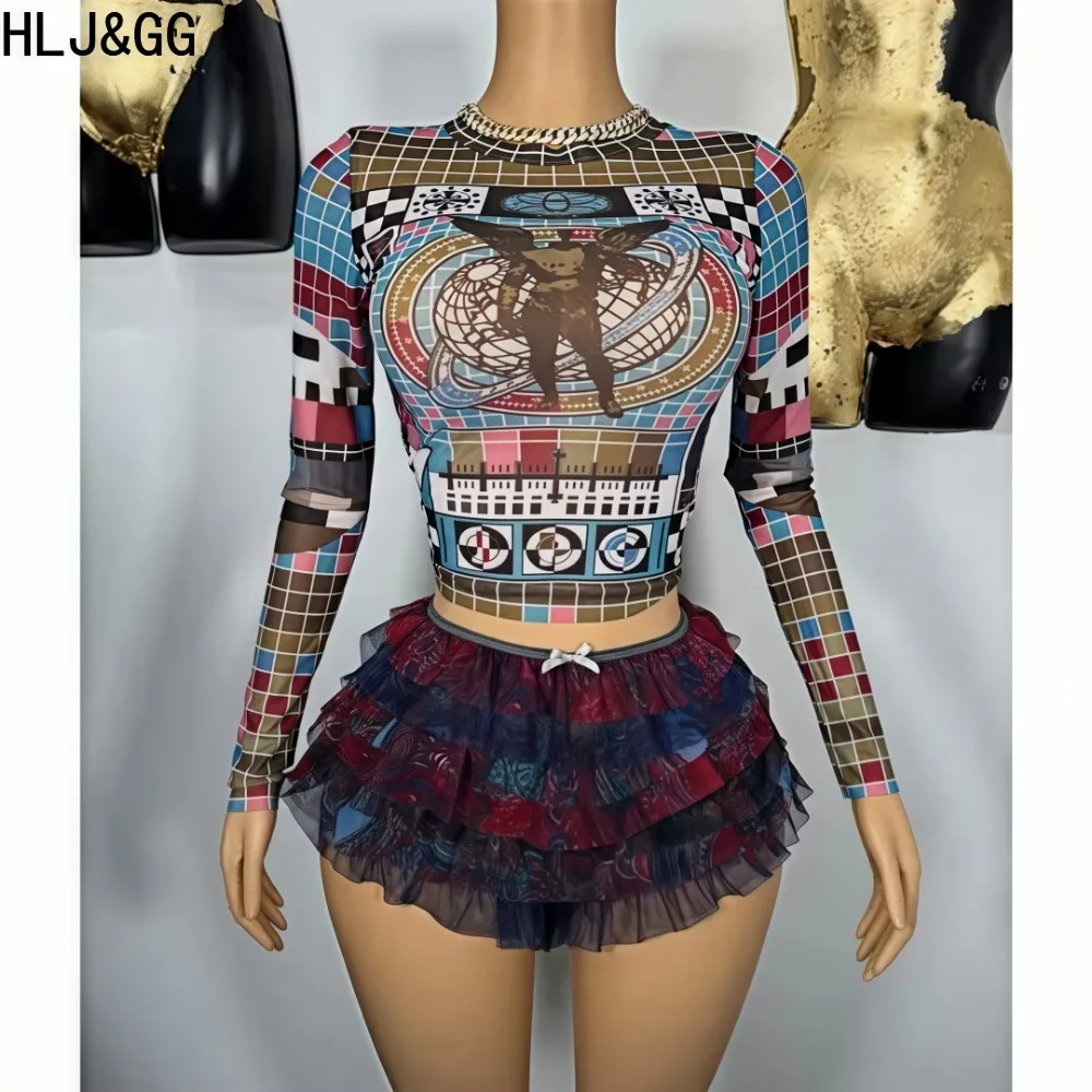 

HLJ&GG Y2K Fashion Trend Multicolour Two Piece Sets Women Round Neck Mesh Long Sleeve Crop Top + Ruffle Lace Mini Skirts Outfits