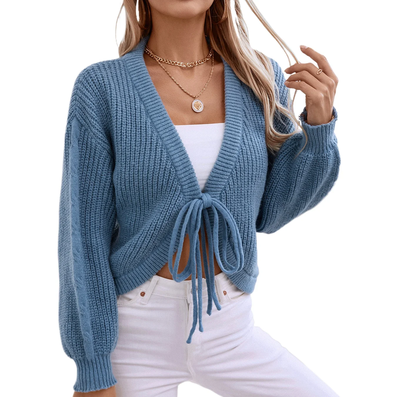 European beautiful women's sweater autumn and winter  V-neck loose solid color short lace-up sexy knitted sweater cardigan women
