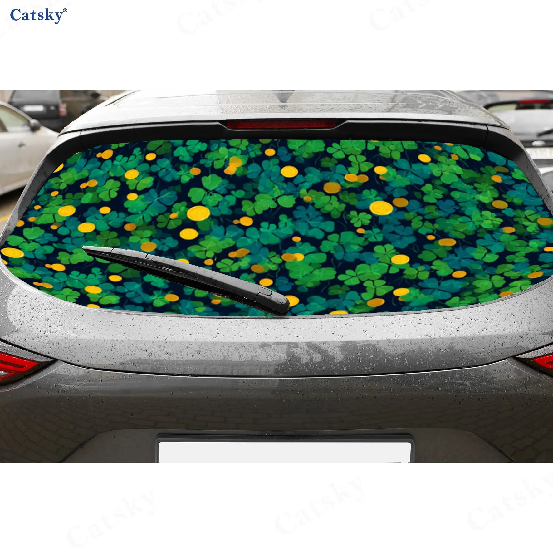 Lucky Clover & Gold Coin Print PVC Perforated Car Rear Window Vinyl Wraps, Durable Waterproof Car Rear Windshield Sticker