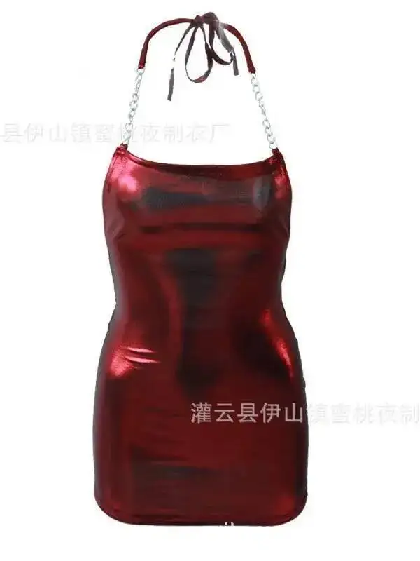 Abito sexy con cinturino a catena Elegante mini abito avvolgente con cravatta senza schienale caldo Camicia da notte Mini abito dolce dorato Hot Top donna sexy AZD8