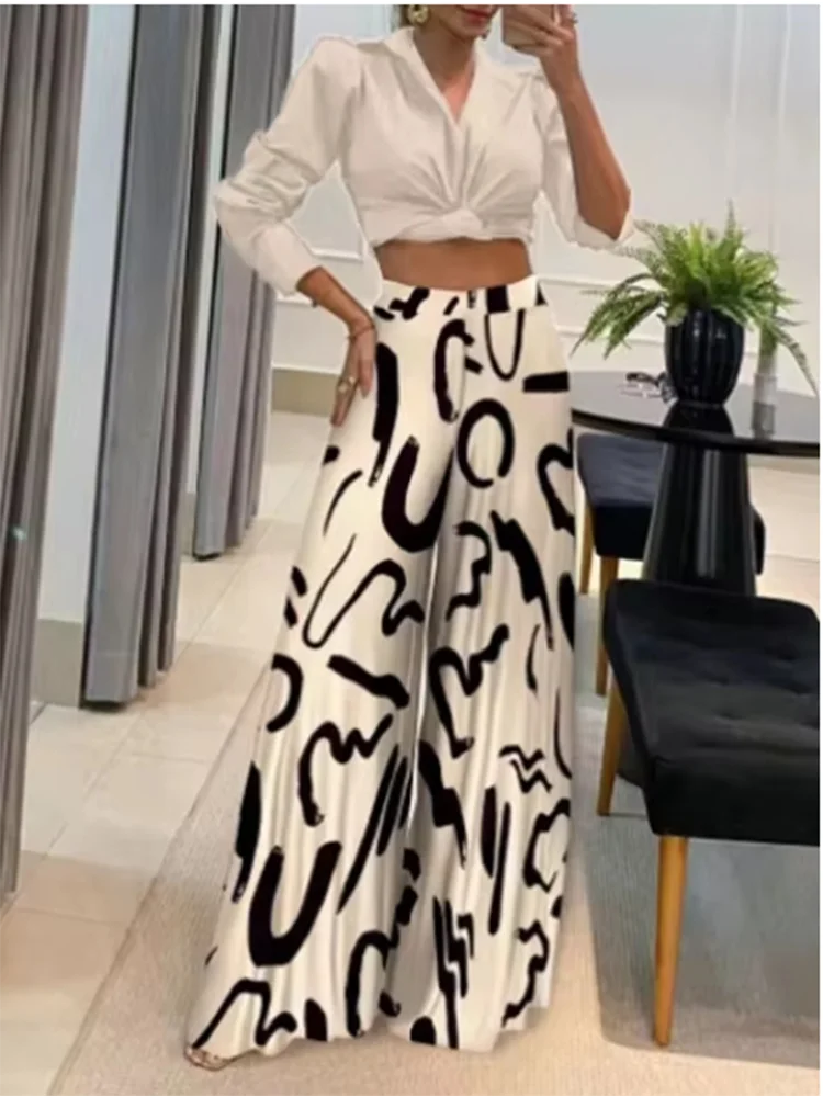 

Women Geometric Print Wide Leg Pants Elegant Fashionable Long Pants Dating Vacation High Street Autumn Casual Pants