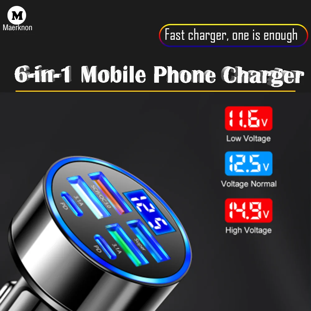 

6 Ports PD/QC3.0/USB C Mobile Phone Fast Charging 100W Car Charger For All Smartphone For iPhone 16/15 Samsung Huawei Xiaomi 15