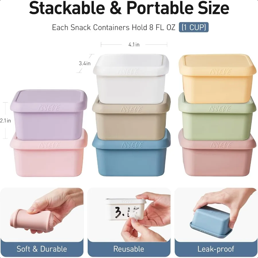 ISSEVE 8oz حاويات الوجبات الخفيفة من السيليكون لحاويات صغيرة قابلة لإعادة الاستخدام كوب واحد مع أغطية حاويات تخزين المواد الغذائية من السيليكون المقاوم للتسرب