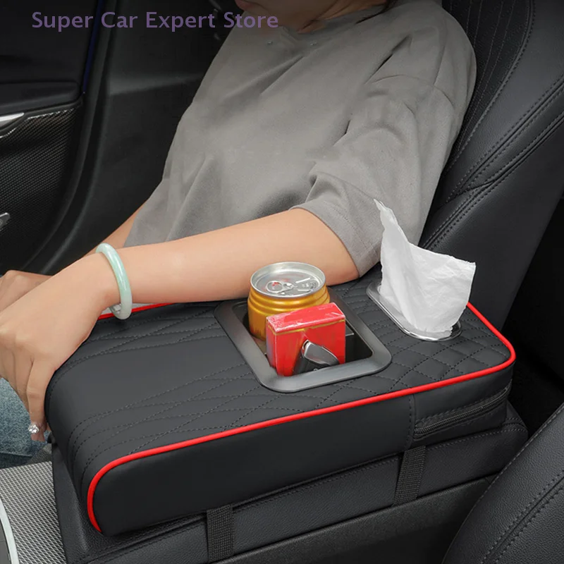 

PU Leather Car Armrest Pad with Cup & Bottle Holder And Tissue Storage Pocket - Pillow Cushion Arm Rest for Truck Vehicles
