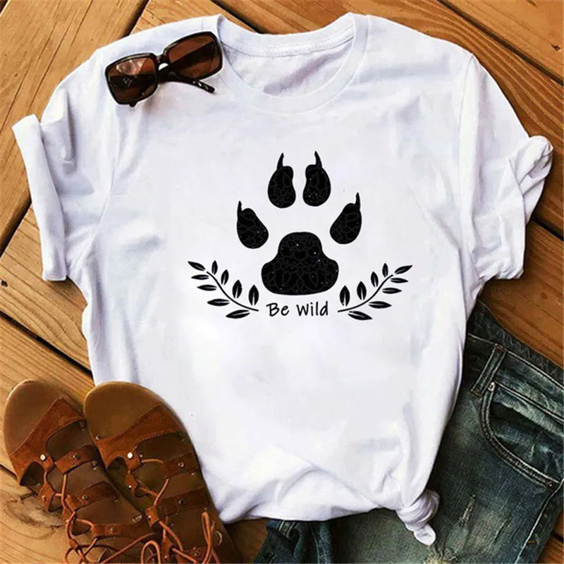 T-shirt grafiche da donna con scollo tondo stampato serie artigli animali a maniche corte