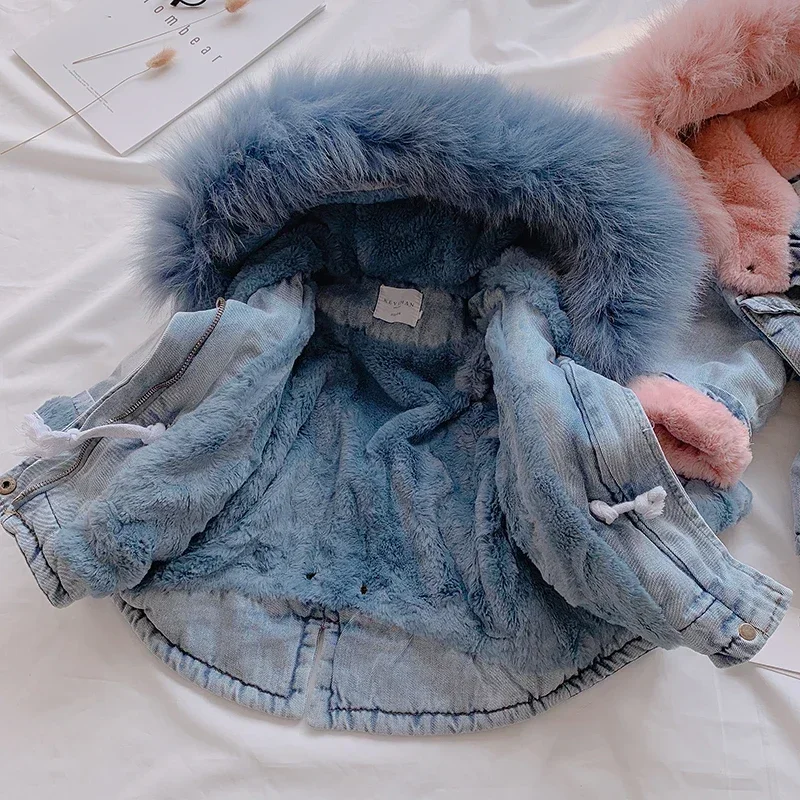 2024 Winter Baby Girl Denim Jacket Plus Velvet Real Fur Warm Toddler Girl Outerwear Coat 1-5 Years Kids Infant Girl Parka