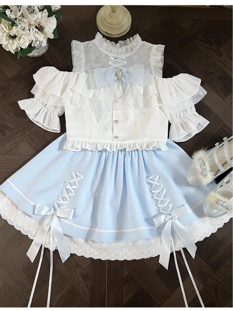 Camisas de manga corta con hombros descubiertos y cuello levantado de encaje estilo Mine japonés, faldas con lazo con cordones y cintura alta, conjuntos de dos piezas para mujer