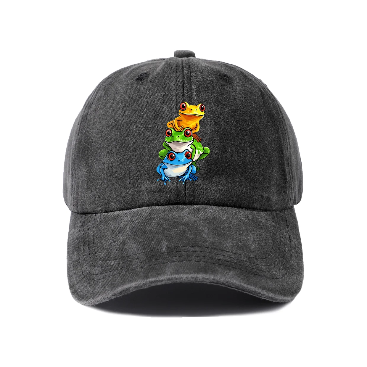 Stacked Colorful Frogs Graphic Baseball Cap, Vintage Washed Adjustable Unisex Dad Hat, Streetwear Gift