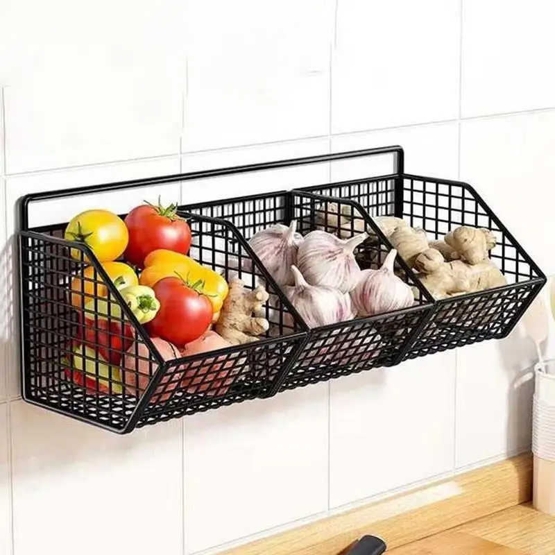 

Wall Basket 3-Compartment Onion Basket Wall Mounted Rack Space-Saving Multipurpose Organizer for Ginger Garlic Onion Potato