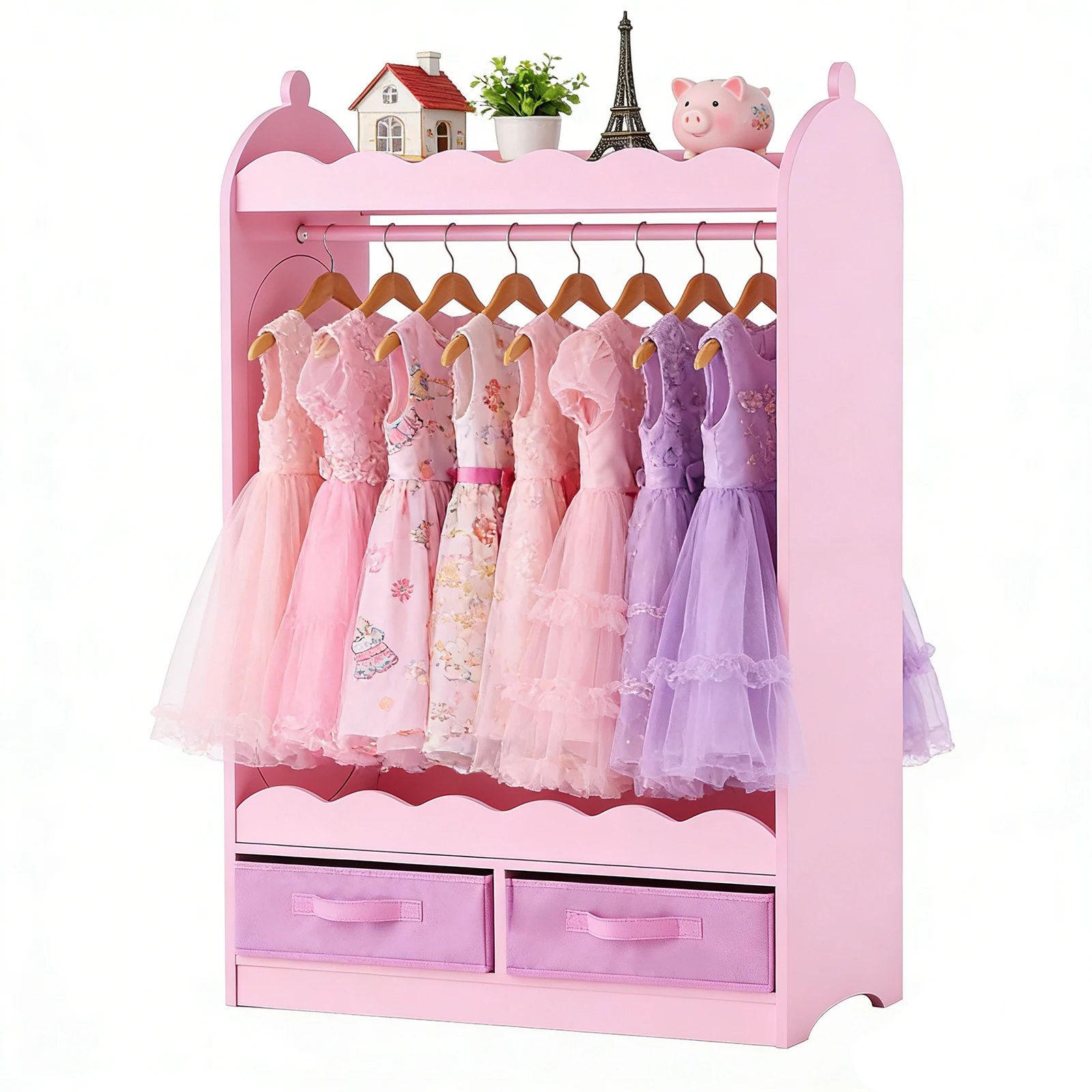 

SucceBuy Kids Dress Up Storage with Mirror & Drawer Toddler Costume Wardrobe Closet Pretend Storage Dresser for Girls Room Pink
