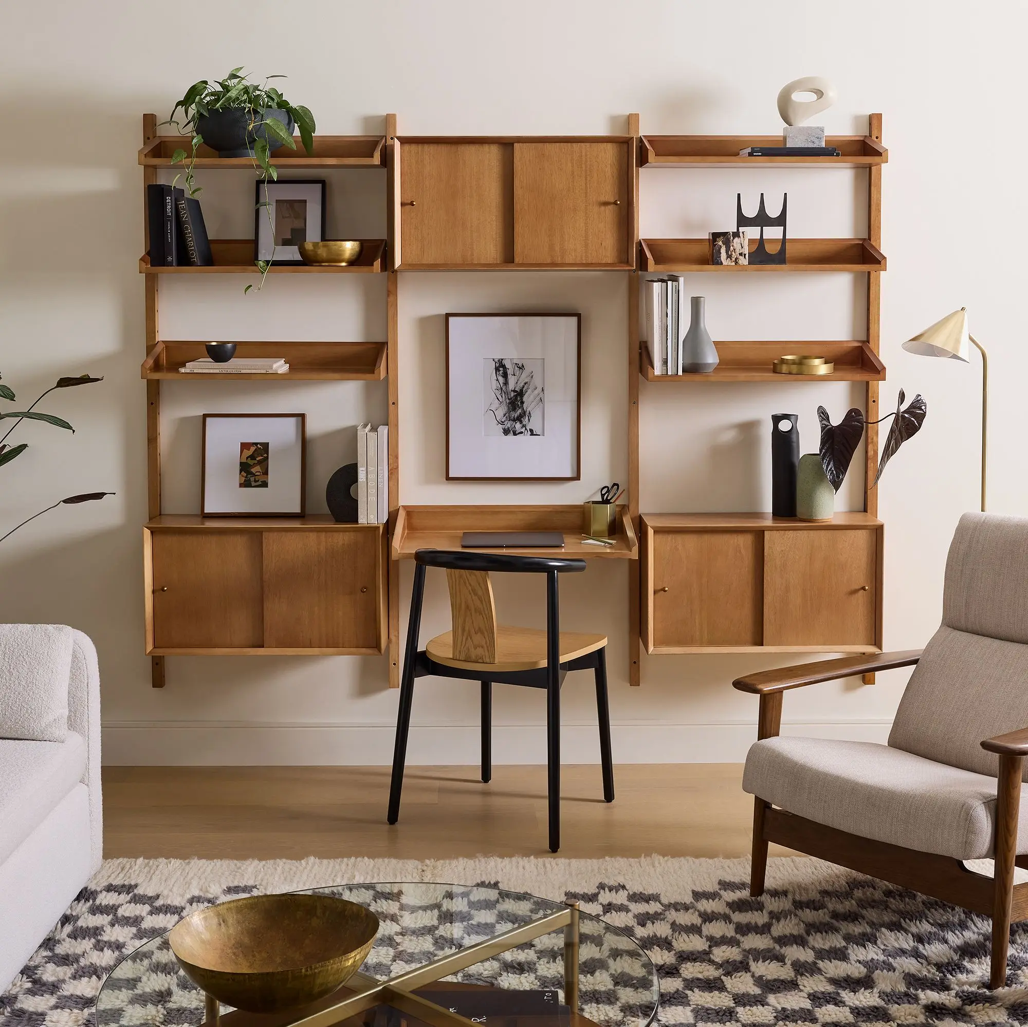 Mid-Century Modular Bookshelf Living Room Wooden Furniture Shelving System Streamlined Shape Wall Bookshelf