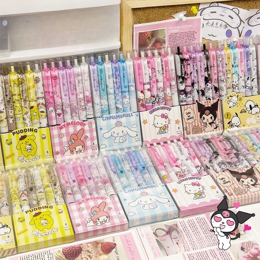Sanrio 6pcs Series Gel Pen 0.55mm Refill Hello Kitty Y2k Cinnamoroll Kuromi MelodyCartoon Press Pen Black Stationery Supplies image 2
