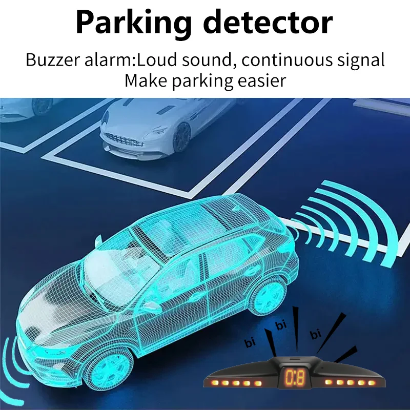 Universal 8 Sensor Parking Radar System 16.5mm Probe LED Backlight Display 0.3-2.0M Detection Distance 12V for Vehicle Parking