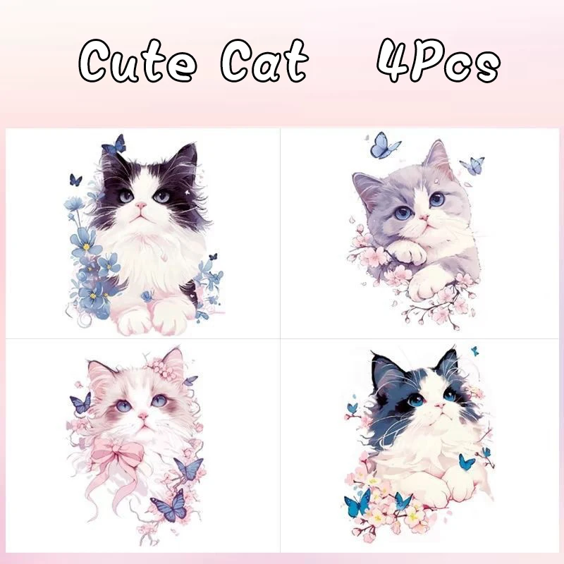Autocollants de Tatouage Temporaire Papillon et Chat Mignon, Faux, Étanche, Durable, Ange, Bras, Dessin Animé, 4 Pièces/Lot