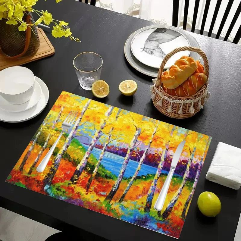 VIKAMA Placemat Oil Painting Birch Forest, Waterproof Oil-Proof Heat-Resistant Non-Slip Woven Dining Table Mat