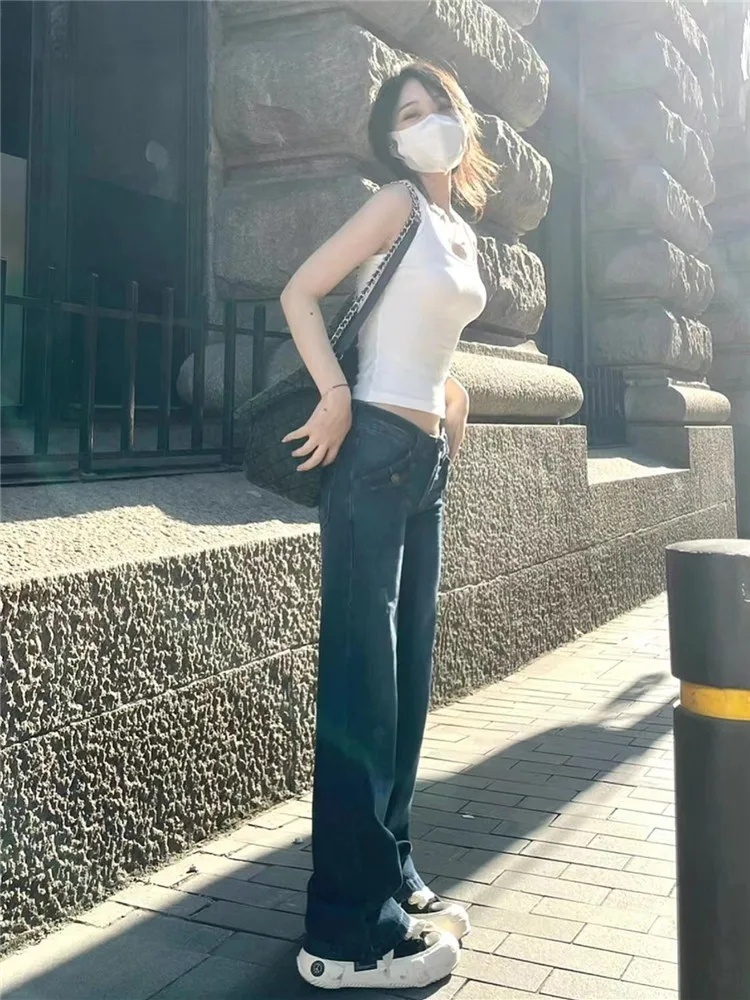 

Джинсы женские синие с высокой талией, прямые, свободного кроя, удлиненные, для весны и осени, с эффектом похудения