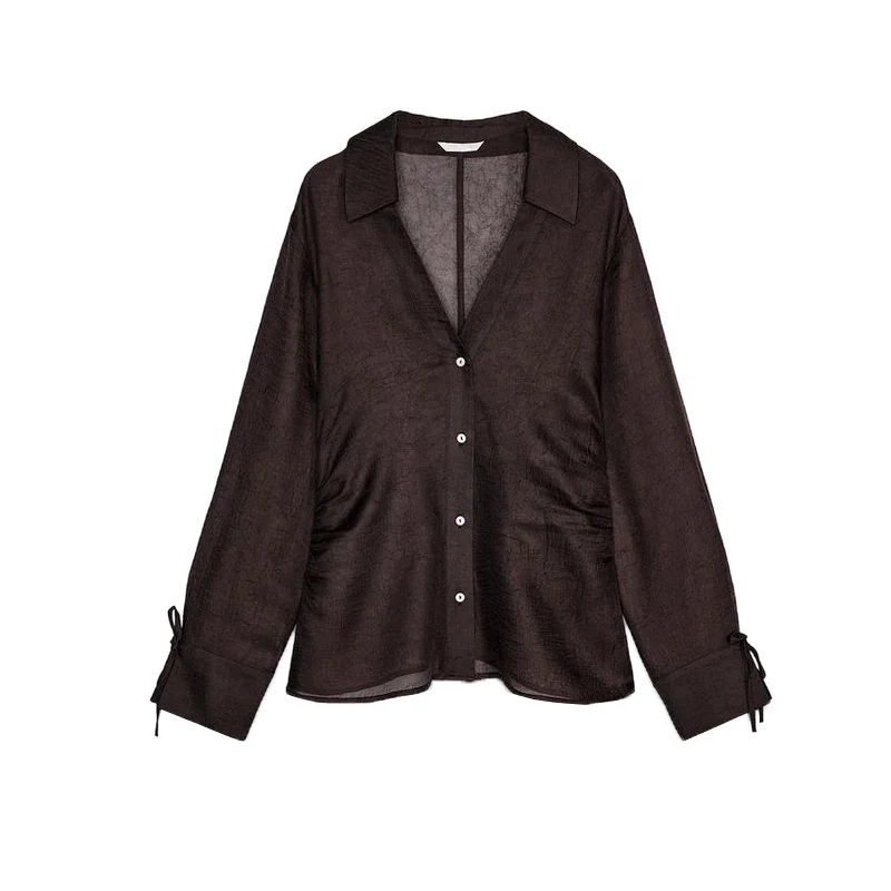 Summer New Women's Faion  Knot Decorated Semi-Transparent Long Sve V-Ne irt Top Polyester Fiber 00%