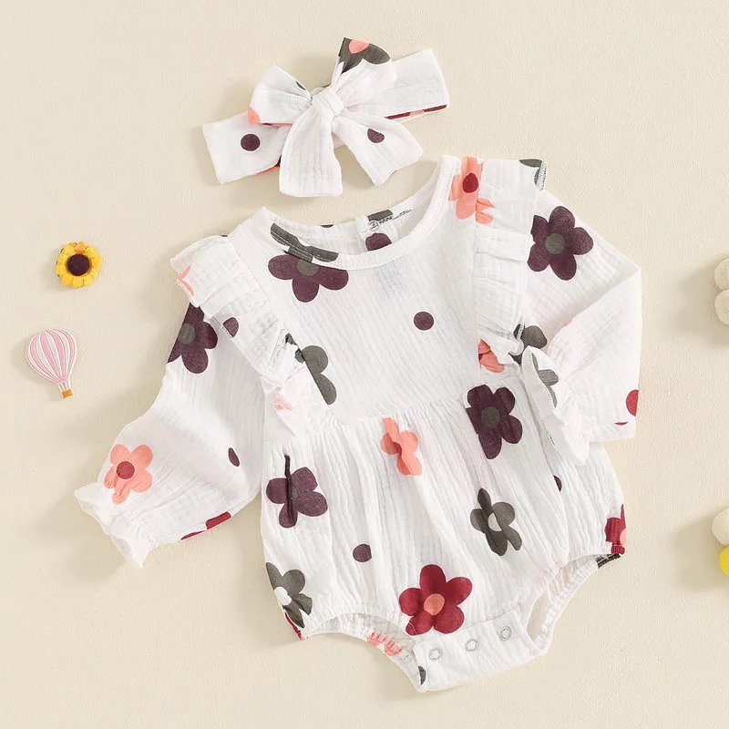 Newborn Baby Girl Bodysuit 2 Piece Fall Clothes Flower Print Ruffle Trim Long Sleeve Jumpsuit Tie-Up Headband Baby Clothing