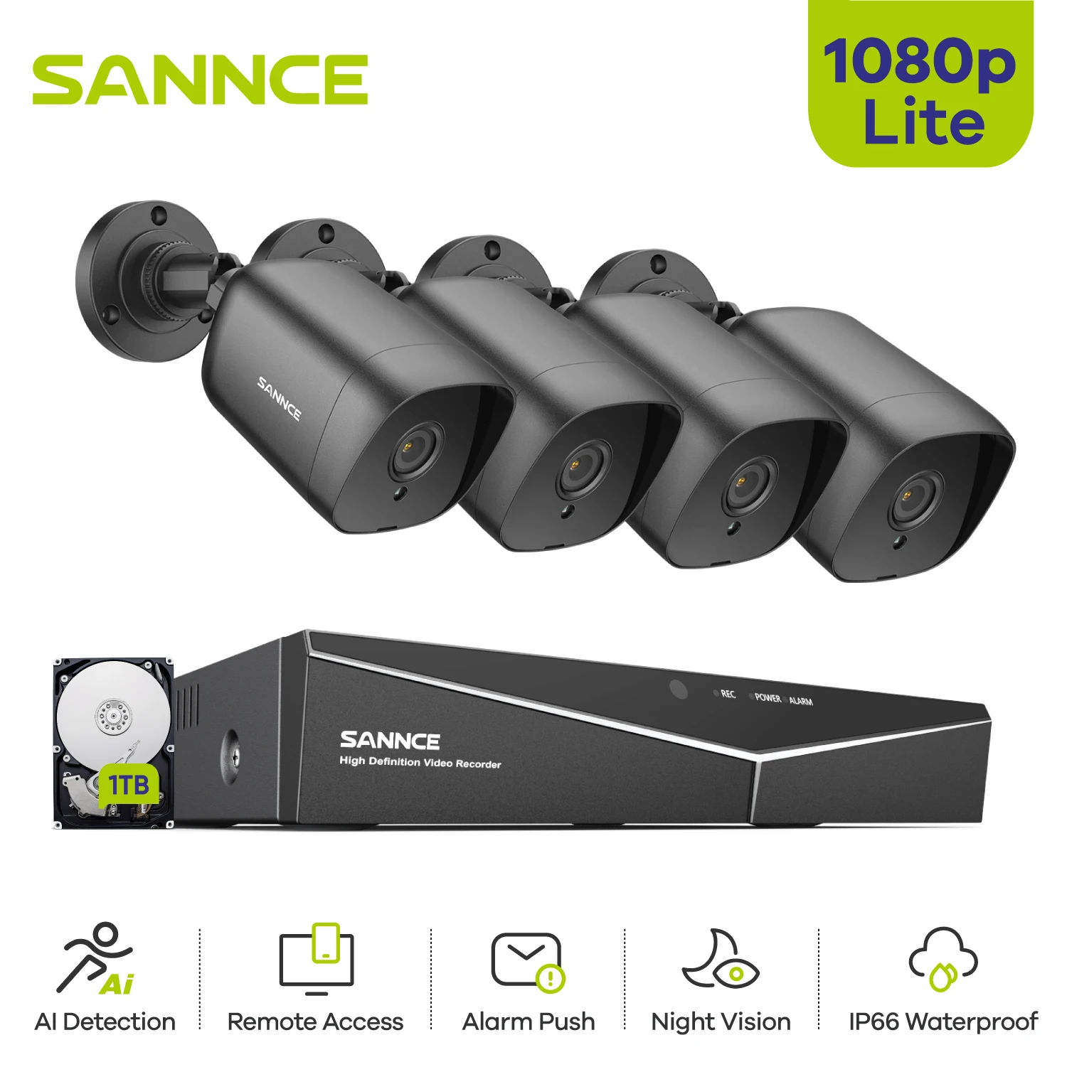 SANNCE 8CH 1080N DVR CCTV Sistema 4pcs 1080P 2MP Câmeras De Segurança IR Ao Ar Livre IP66 Kit De Vigilância De Vídeo Câmeras De Detecção De Movimento