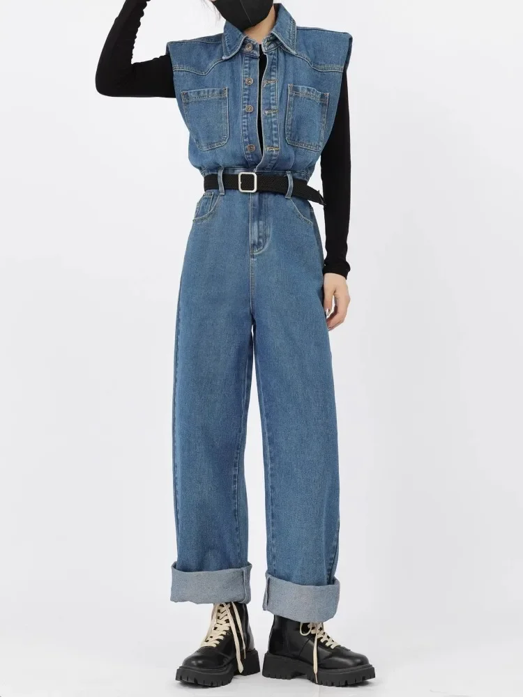 American Retro Denim Jumpsuit Women'S Spring And Autumn High-End Sense Flip Collar Workwear Wide Leg Pants