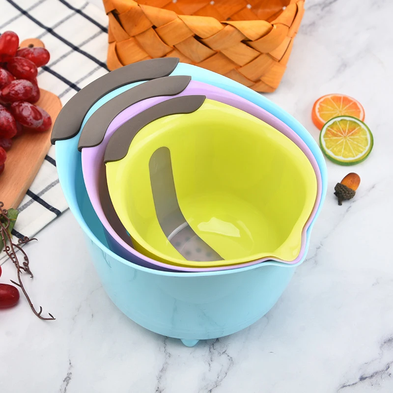 

3pcs 1L/2L/3L Stackable Mixing Bowls-Plastic Nesting Salad Bowl Set,Fruit and Vegetable Water Filter Basket for Easy Washing