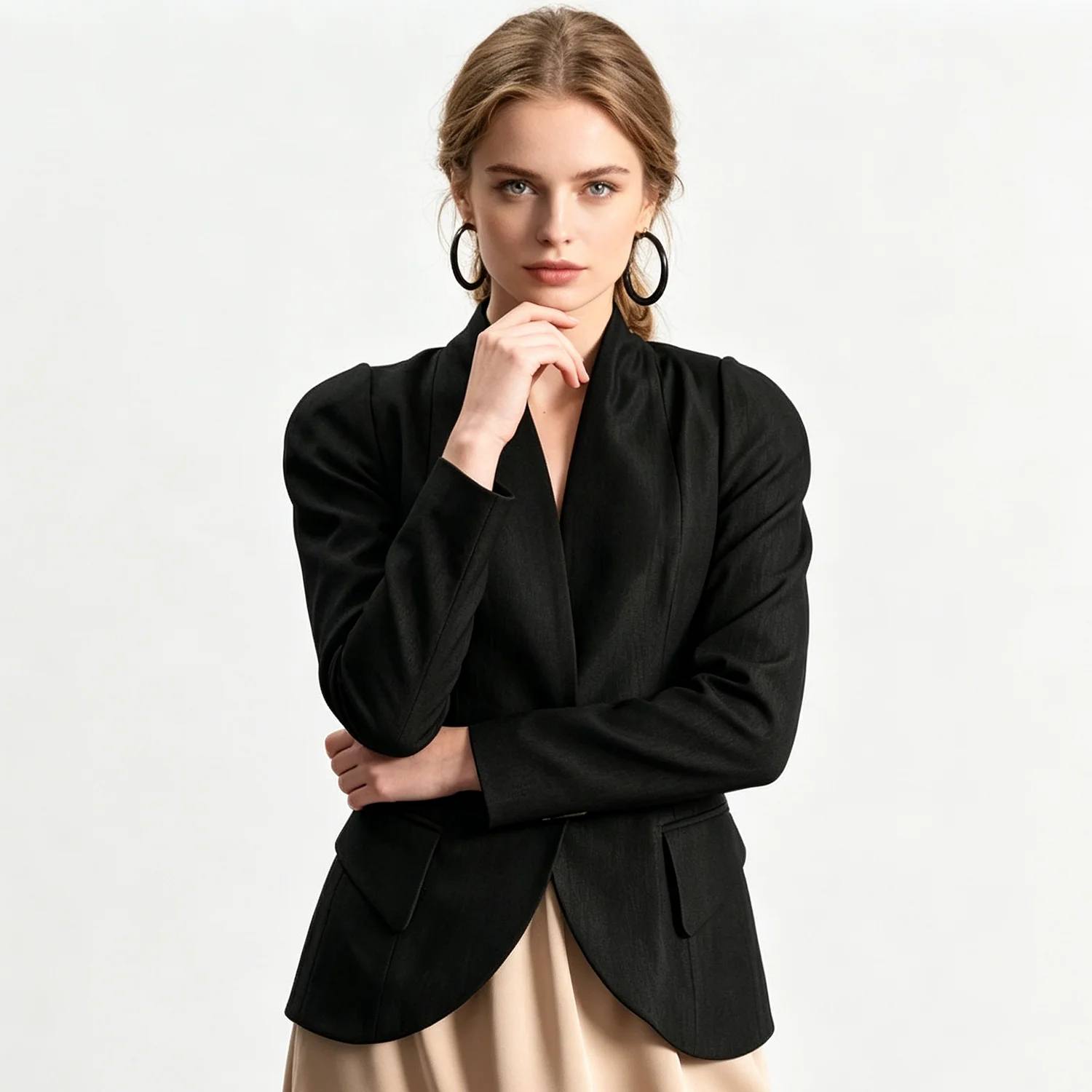 PUAL  Elegant Black Tailored Blazer Women 2026 New V Collar Padded Shoulder Single Decor Buckle Commuter Slim Coat