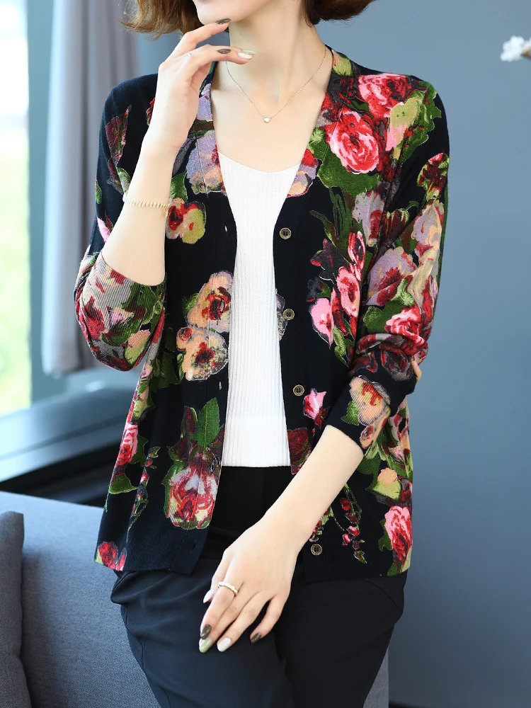 Sweater Women New Autumn Casual Print Floral Long Sleeve Woman Cardigan High Quality Knitwear Single-breasted Cardigans