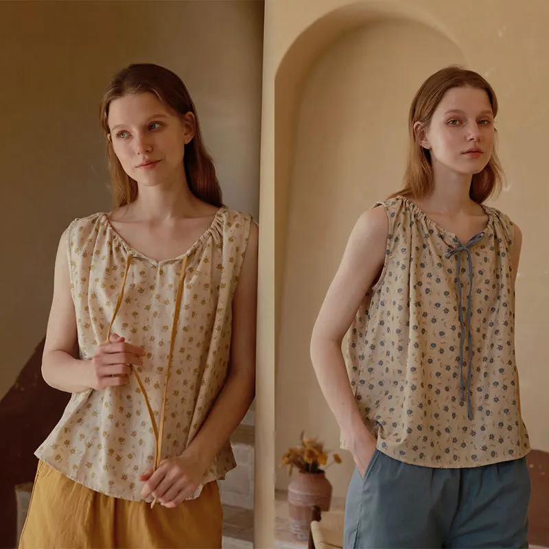 

Women Summer Sleeveless Printed Two-Pieces Short Sleepwear Simple Round Neck 100% Cotton Pajamas Casual Loose Design Pyjama Set