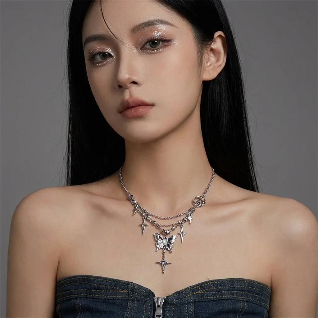 Vintage Silver Multi-Layer Butterfly Star Pendant Necklace, Gothic Stackable Clavicle Chain for Women