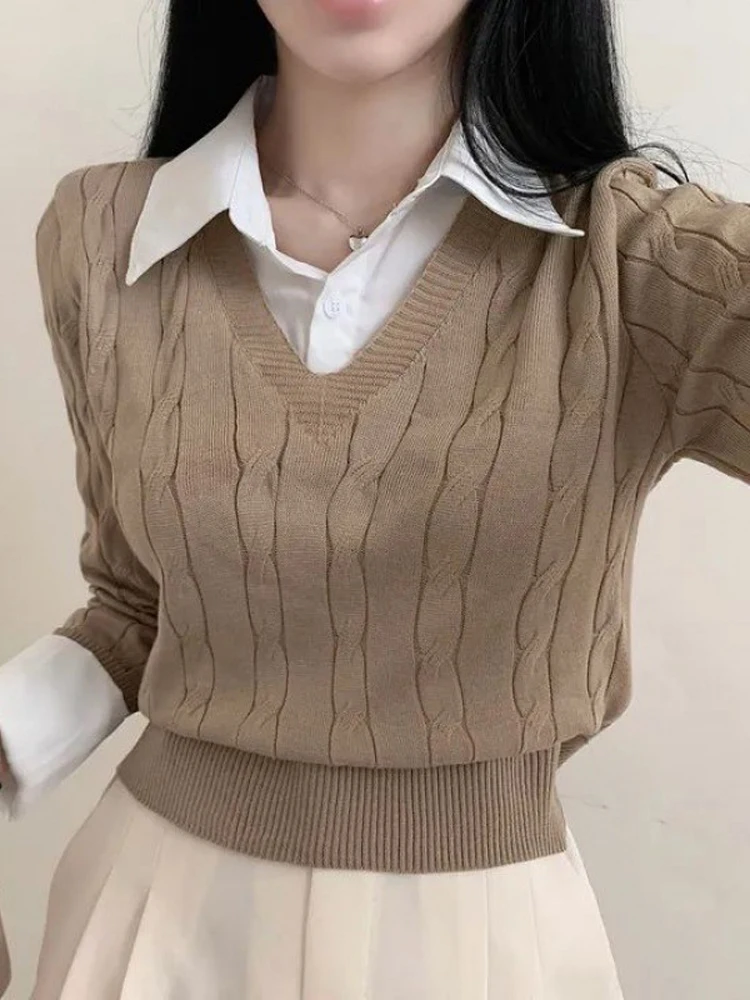 

Knitted Crop Pullover Women Preppy Style Fake Two Piece Sweater Korean Fashion Long Sleeve Tops Female Elegant Polo Neck Shirt