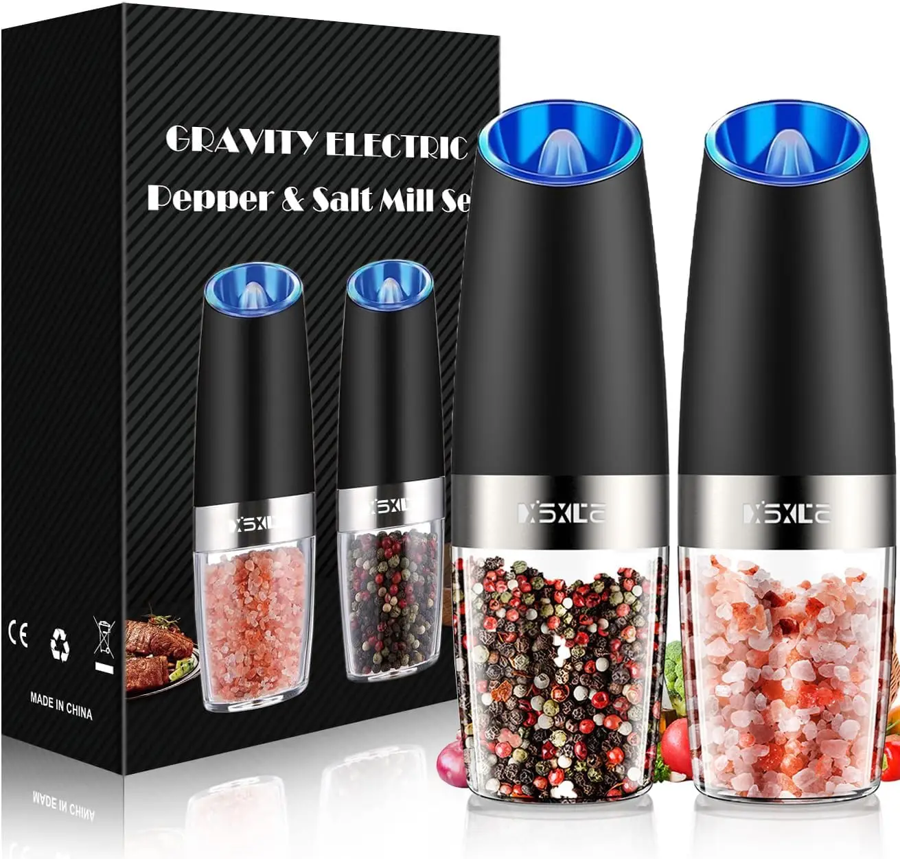 

Gravity Electric Pepper and Salt Grinder Set, Adjustable Coarseness, Battery Powered with LED Light, One Hand Automatic
