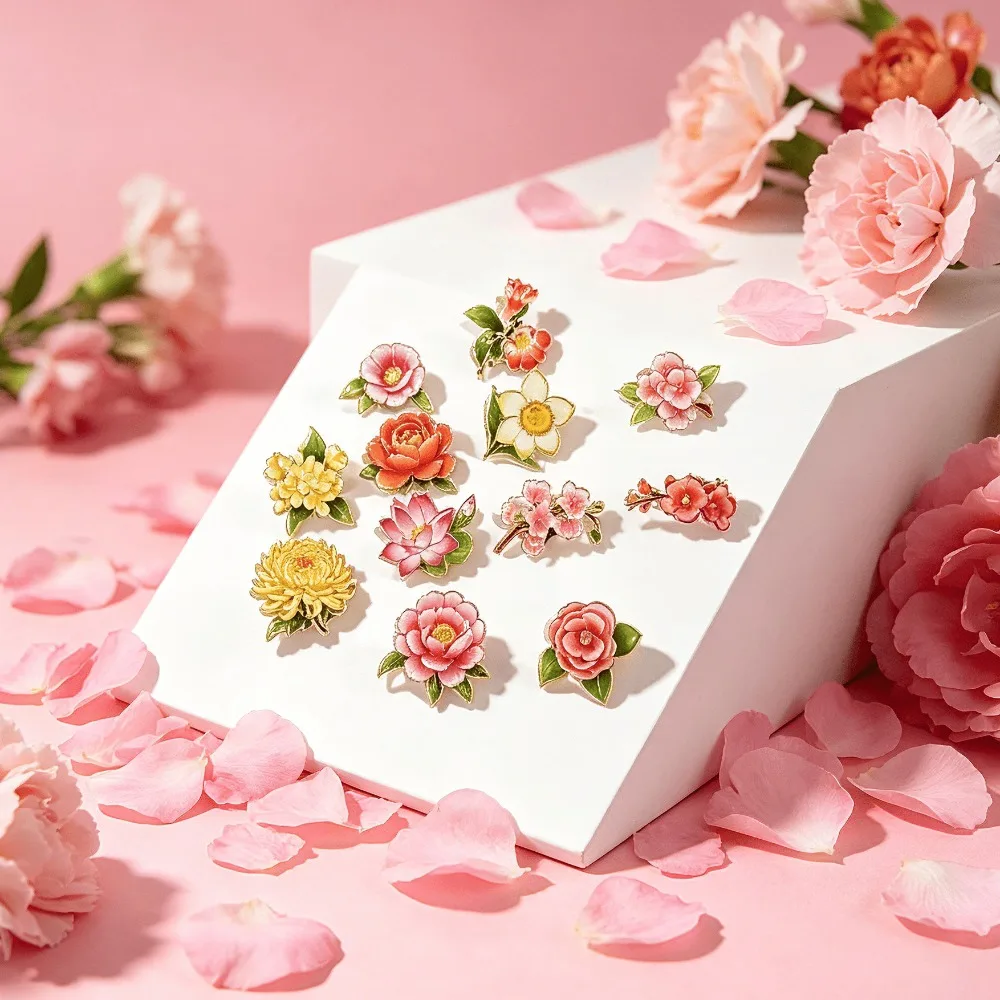 Goldfarbenes Emaille-Blumenbroschen-Set, Naturästhetische Mehrfarbige Blumen-Anstecknadel, Vielseitiges Accessoire für Damen – Detail 1