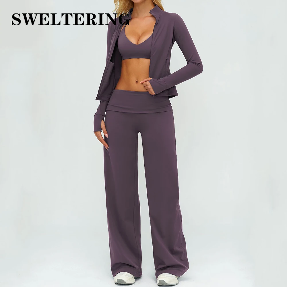 2/3PCS Yoga Set Gym Fitness Suit Woman Quick Drying Solid Color Hanging Neck Bra Zipper Jacket Push Up Wide Leg Pants Yoga Set