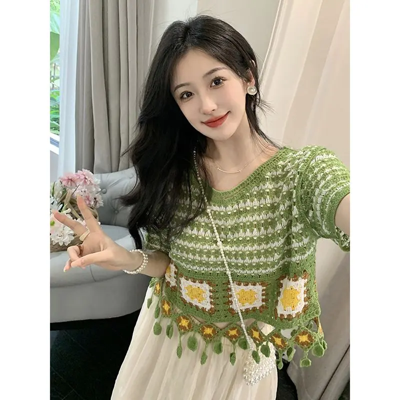 Retro Tassel Hollow Sweater Women's Ethnic Style Design Contrast Color Short Short-sleeved Top