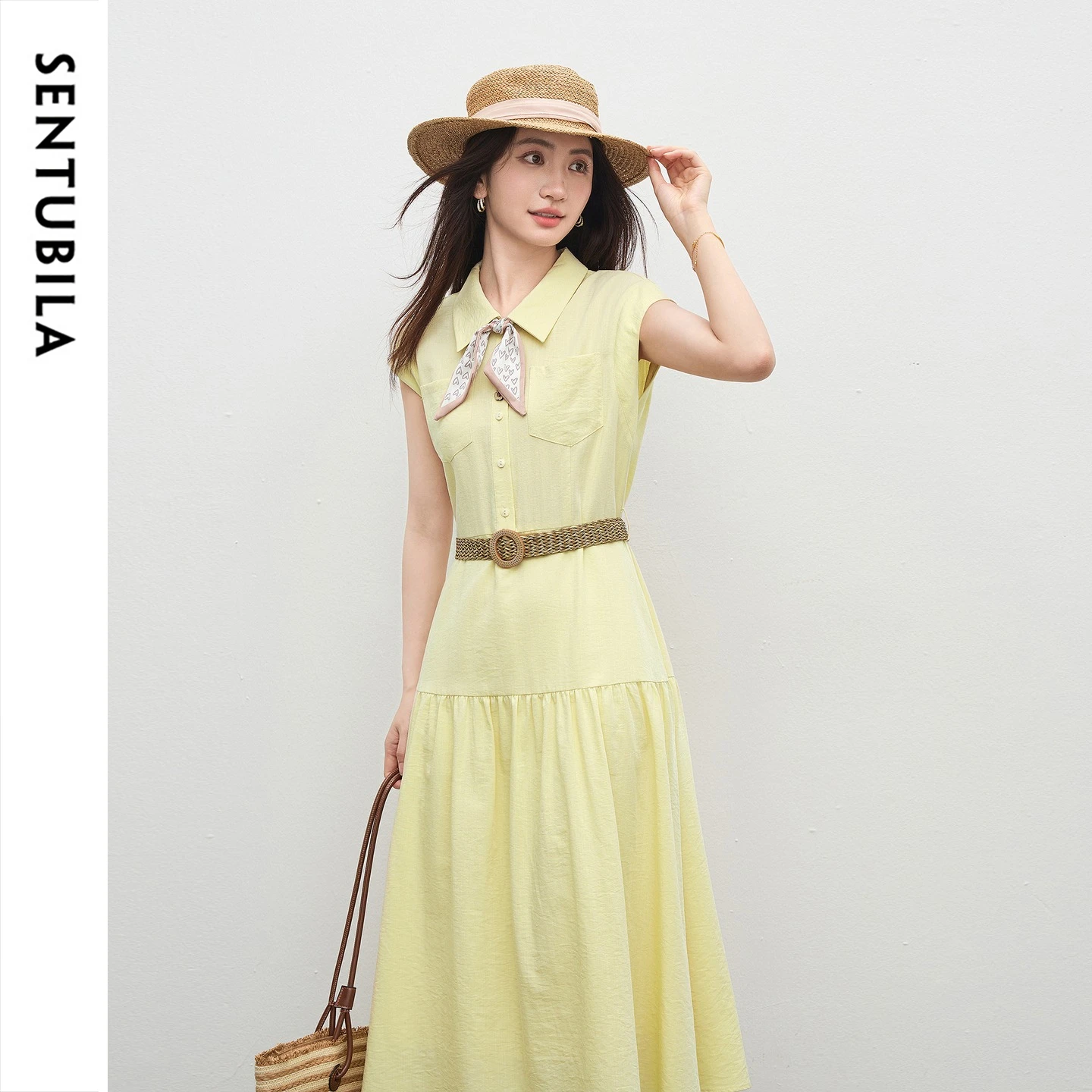 SENTUBILA Sleeveless Summer Dress for Women 2026 Lapel Collar Removable Belted Casual Simple Slim Commute Shirt Dress Q62LA7560
