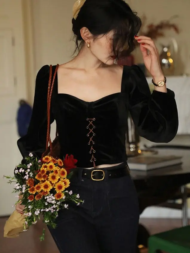 Women Black Simple Cropped Blouses Tops Pleated Slim Sexy Female Long Puff Sleeve Bandage Square Collar Vintage All-match Mujer